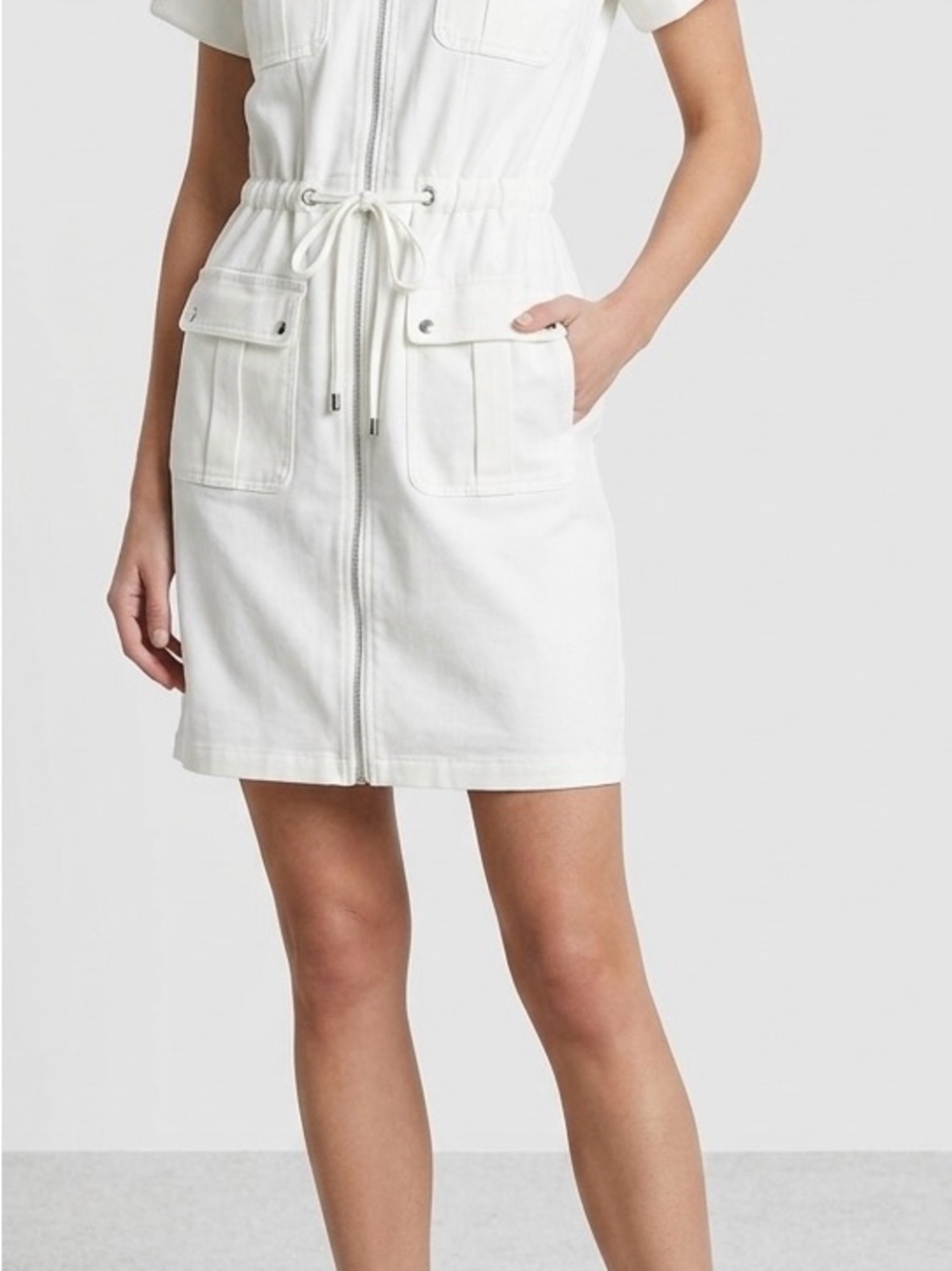 True Envy White Zip-Front Drawstring Pocket Dress